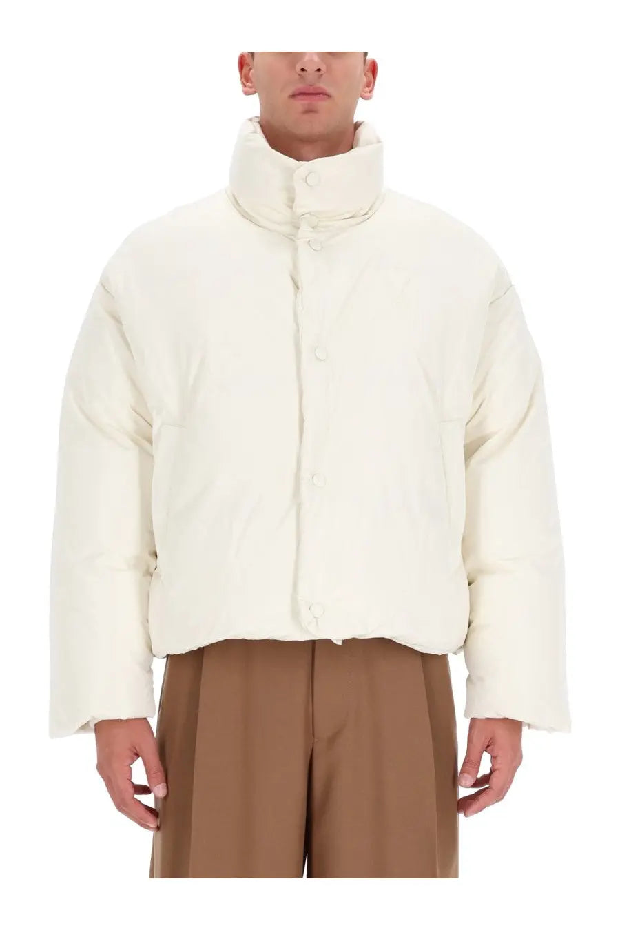 Cream-colored Ami Paris men’s Ami DE Coeur down puffer jacket with high collar and button closure in white