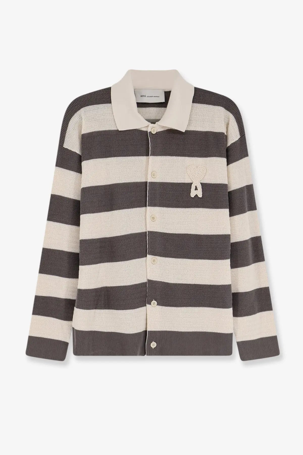 Ami Paris men’s ami de coeur long-sleeved cotton cardigan with bold charcoal gray and off-white stripes and cream collar