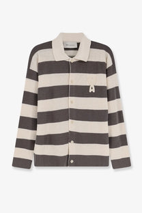 Ami Paris men’s ami de coeur long-sleeved cotton cardigan with bold charcoal gray and off-white stripes and cream collar
