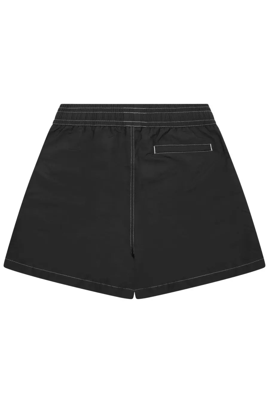 Ami Paris men’s Ami DE Coeur black swim shorts with drawstring waistband and subtle white stitching along seams