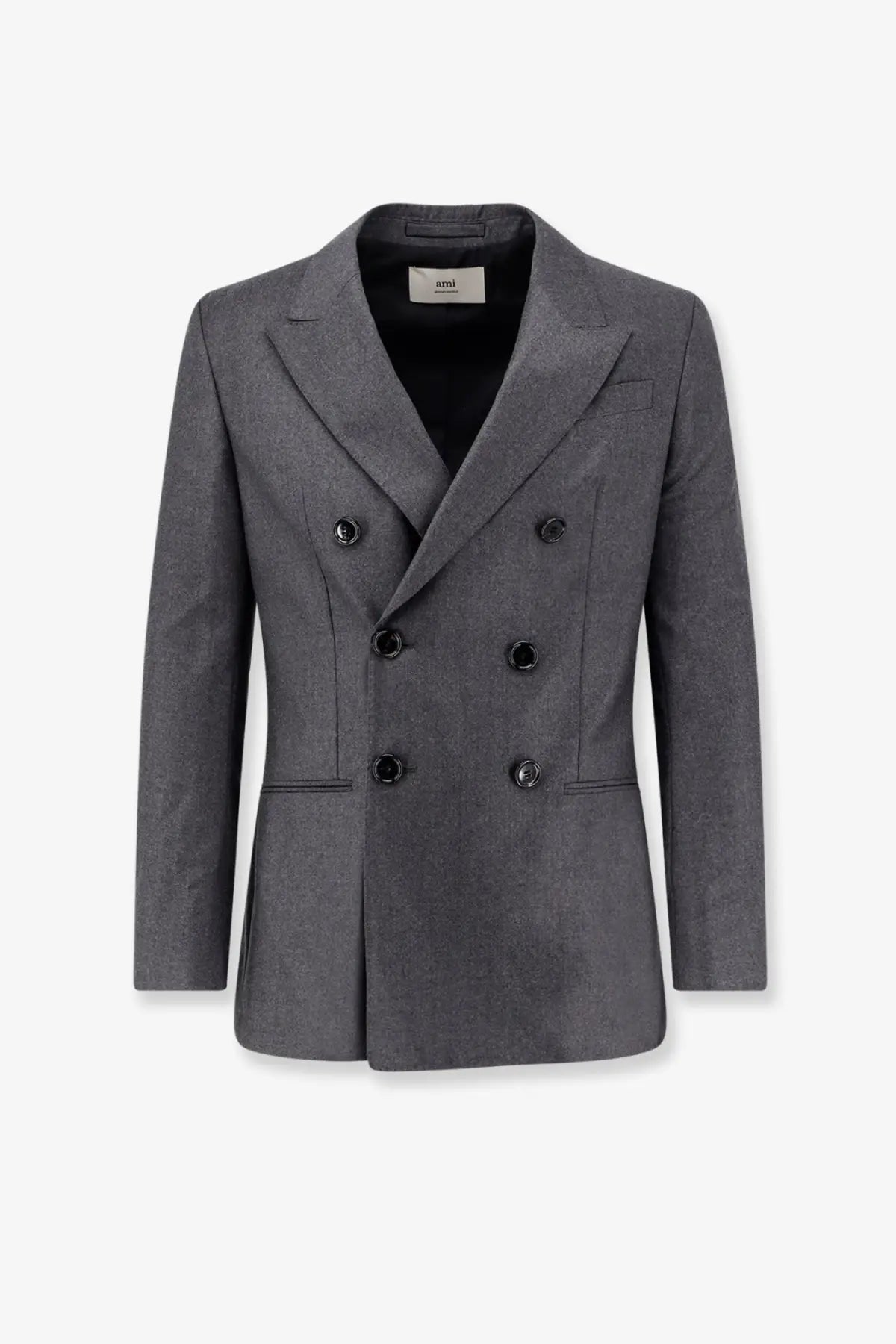 Ami Paris men’s gray double-breasted virgin wool blazer with subtle textured pattern and black buttons