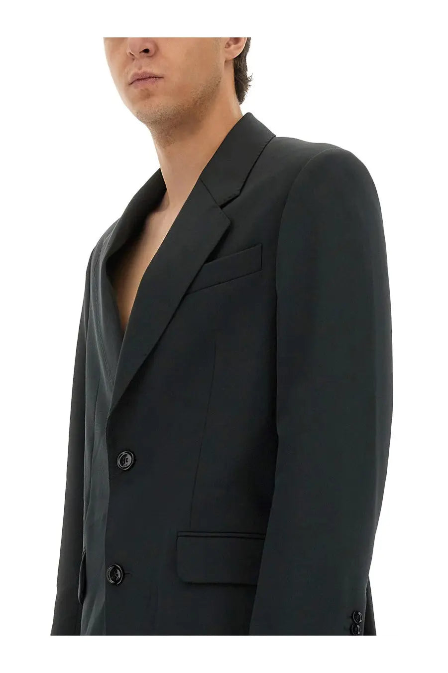 Ami Paris men’s double breasted black wool blazer with notched lapels and subtle texture