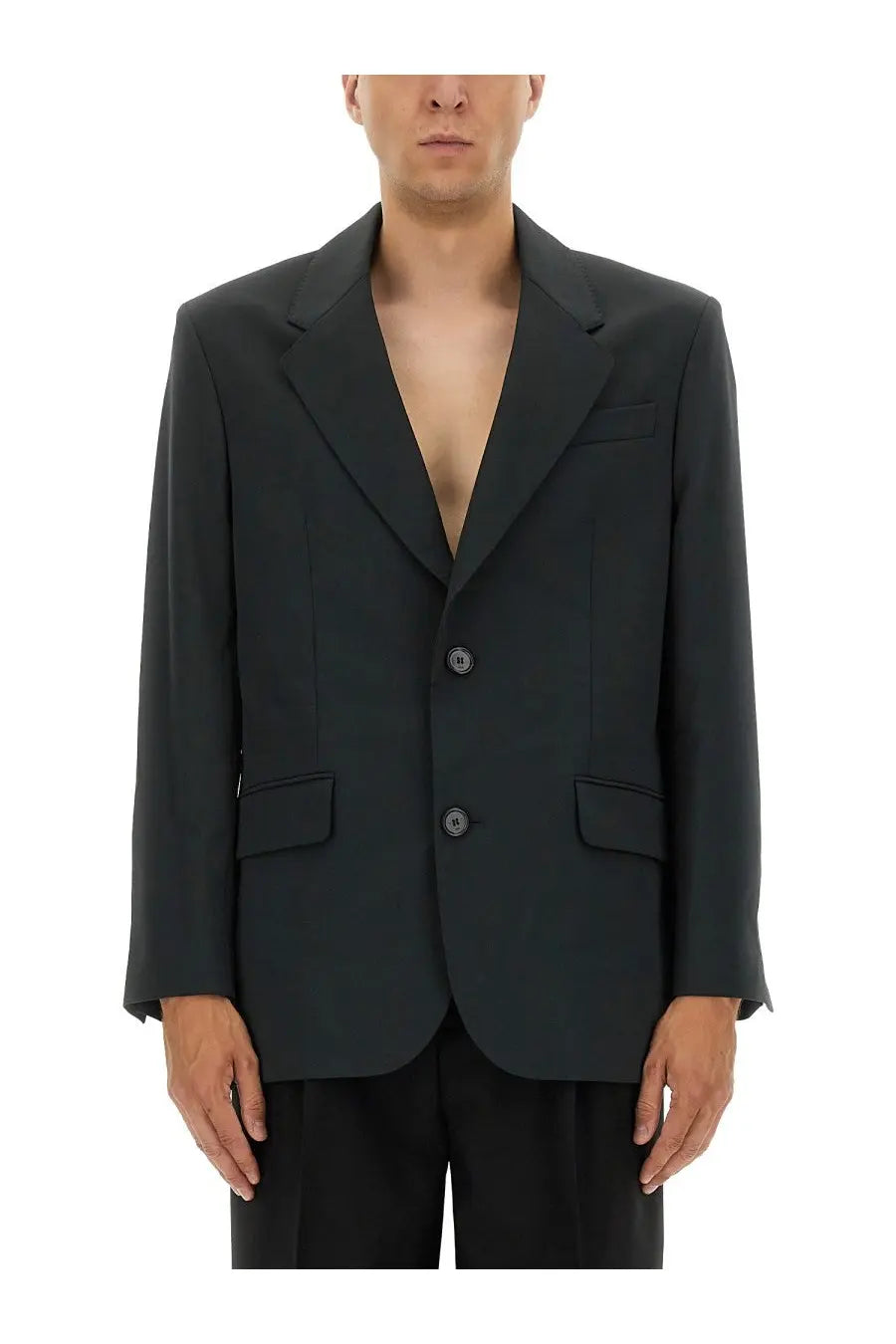 Black tailored blazer with notched lapels and two front buttons in aami paris men’s double breasted wool jacket grey