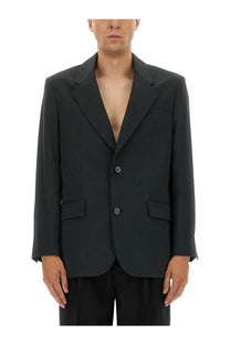 Black tailored blazer with notched lapels and two front buttons in aami paris men’s double breasted wool jacket grey