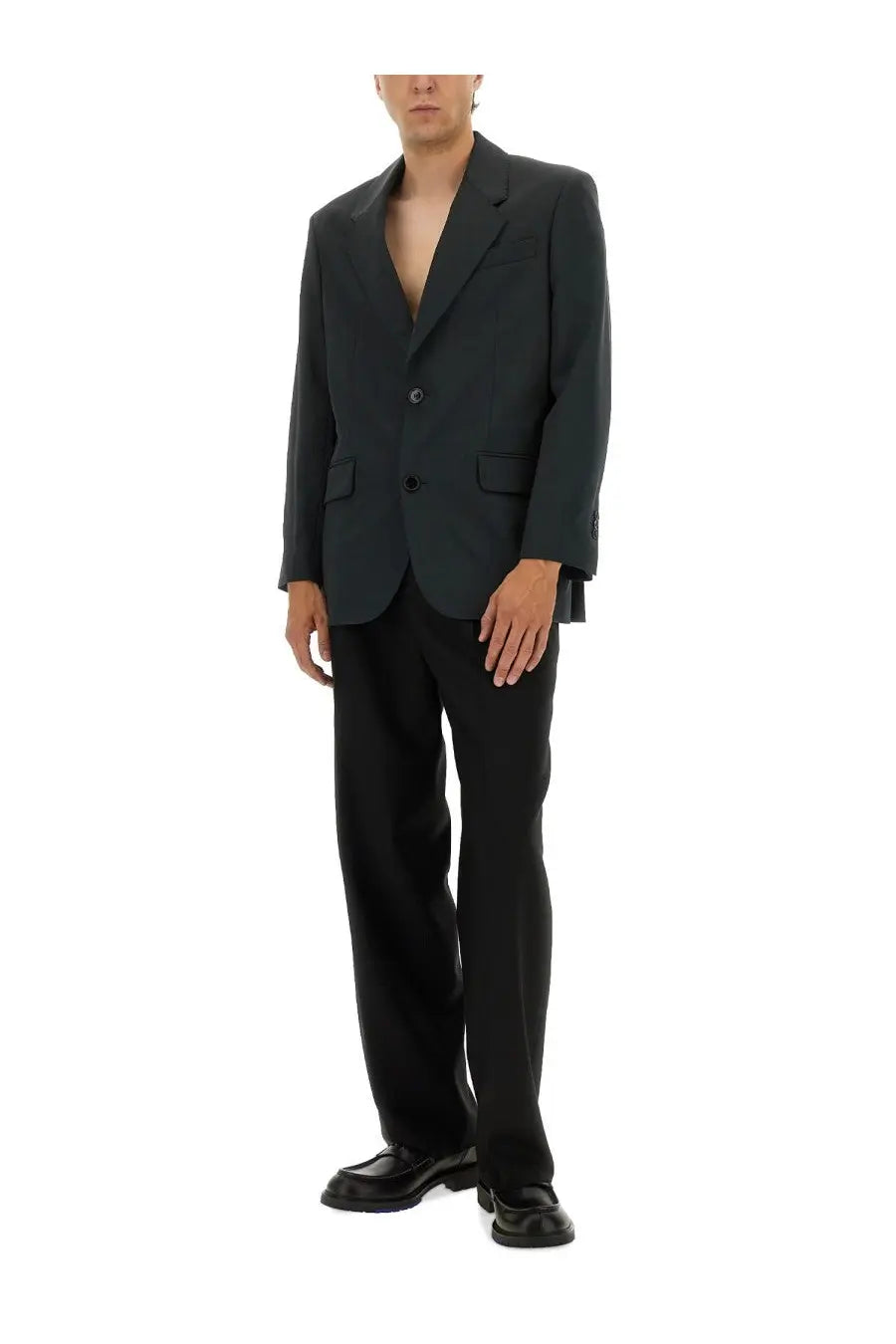 Ami Paris men’s double breasted wool jacket grey with a dark green two button tailored blazer fit and subtle texture