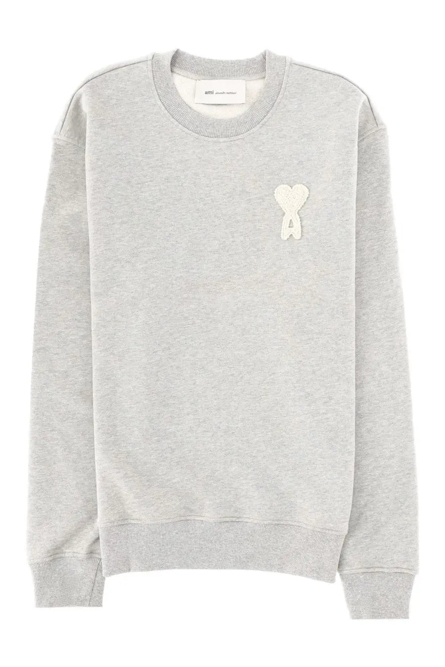 Ami Paris men’s heather gray crewneck sweatshirt with white embroidered heart-shaped logo on left chest