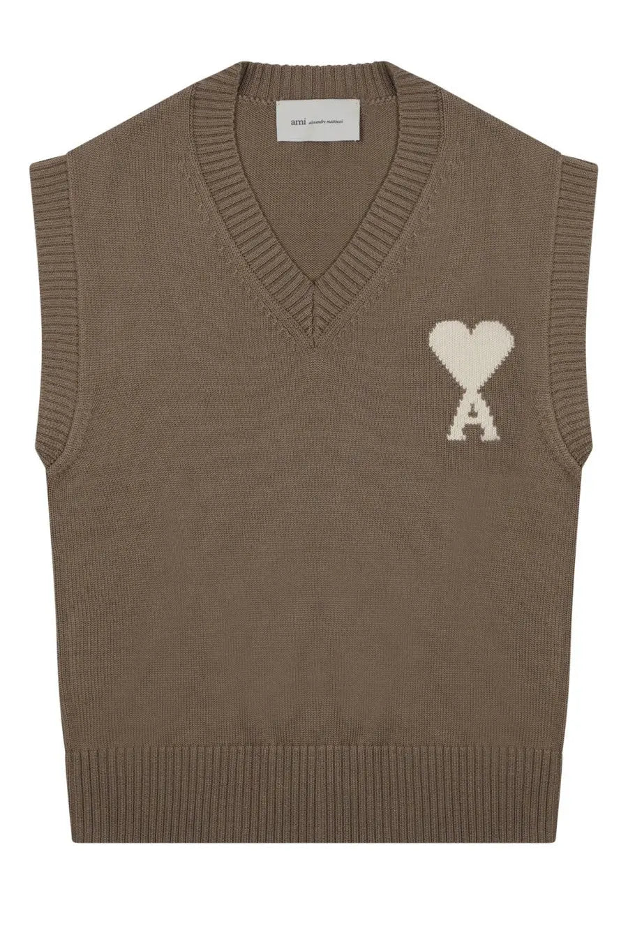Ami Paris men’s gilet con beige taupe knit sleeveless sweater with v neck ribbed trim and white heart logo on chest