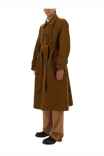 Ami Paris men’s mac brown camel-colored wool trench coat with belted waist and double-breasted front