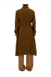 Ami Paris men’s mac brown structured camel-colored trench coat with belted waist and classic lapel collar