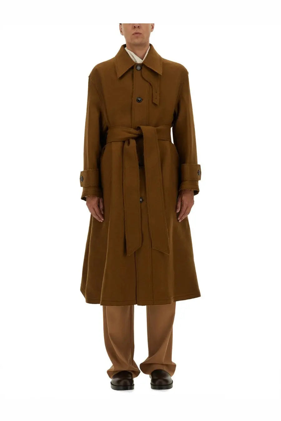 Ami Paris men’s mac brown wool trench coat with belted waist and classic collar mid-length structured design