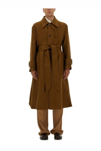Ami Paris men’s mac brown wool trench coat with belted waist and classic collar mid-length structured design