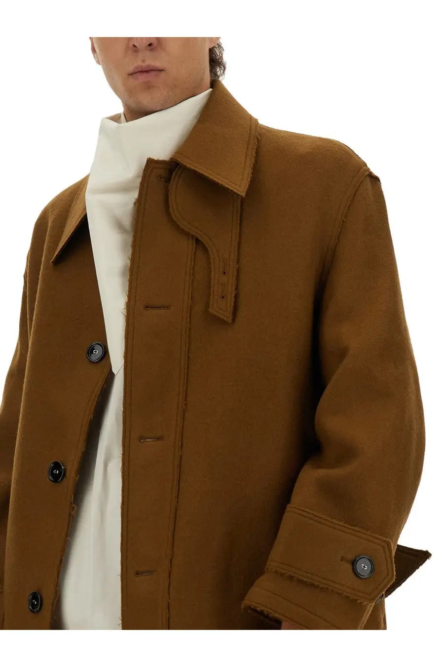 Ami Paris men’s mac brown brown woolen trench coat with notched collar black buttons and frayed hem details