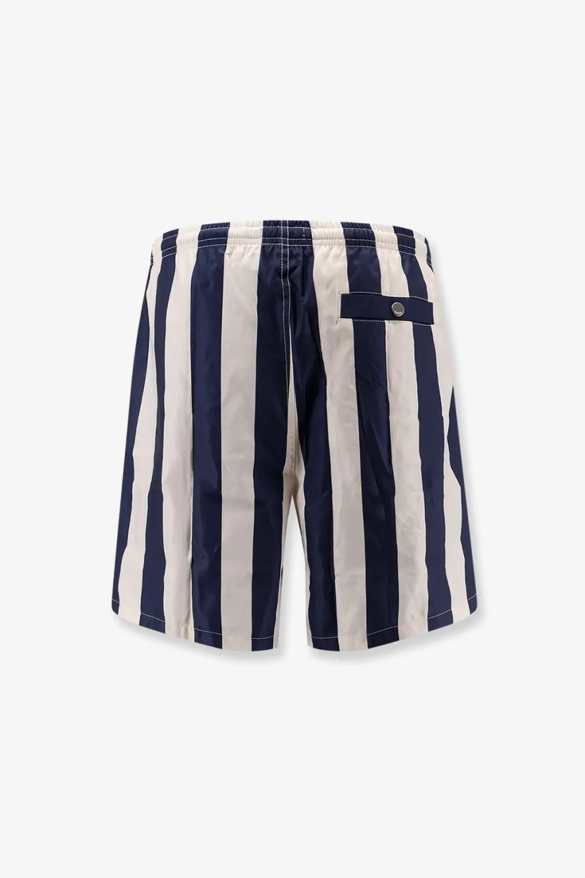 Ami paris men’s nylon swim shorts in white with navy and cream vertical stripes and a buttoned side pocket