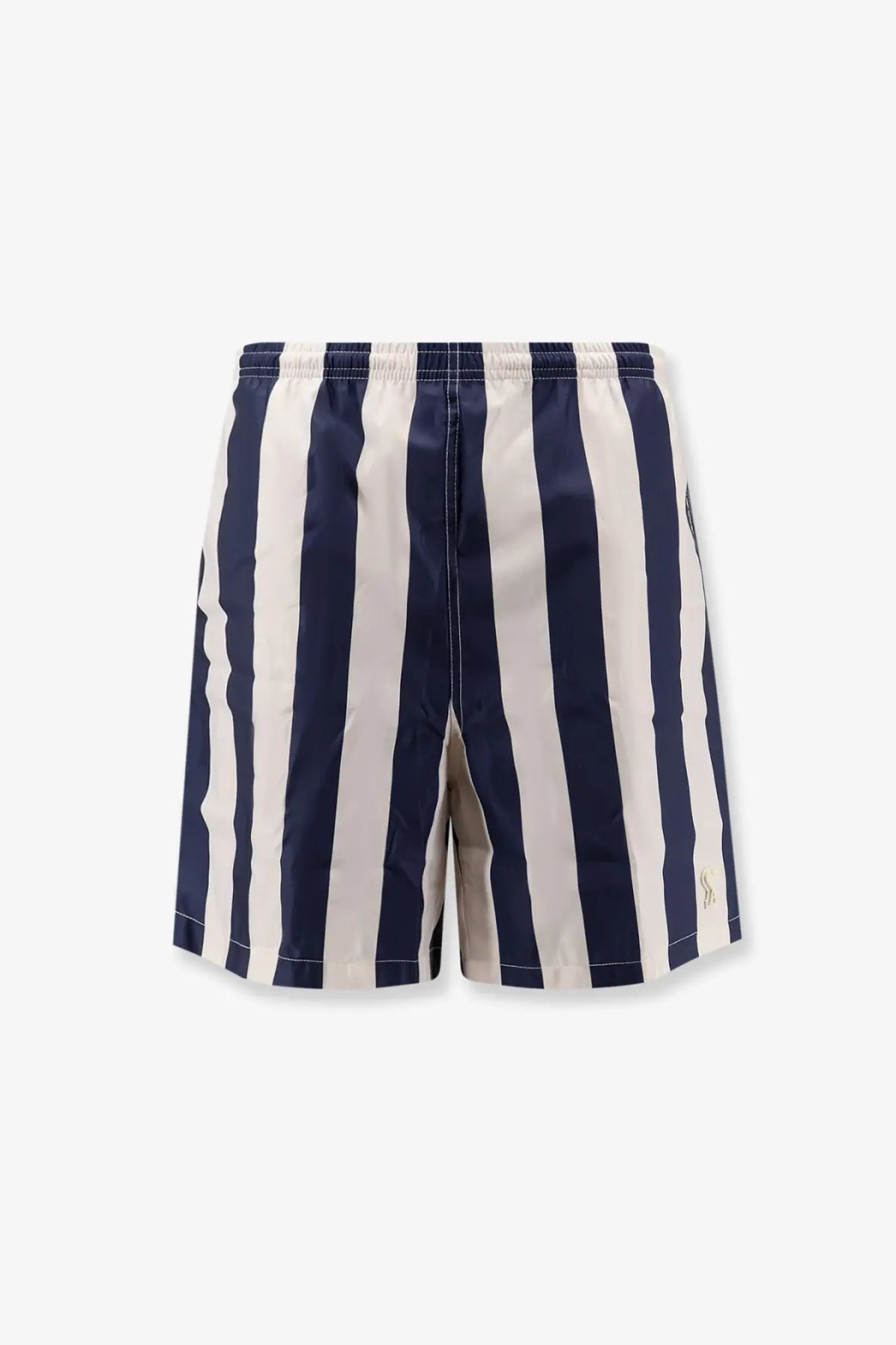 Ami Paris men’s nylon swim shorts in white with navy and cream vertical stripes and a subtle embroidered logo on the leg