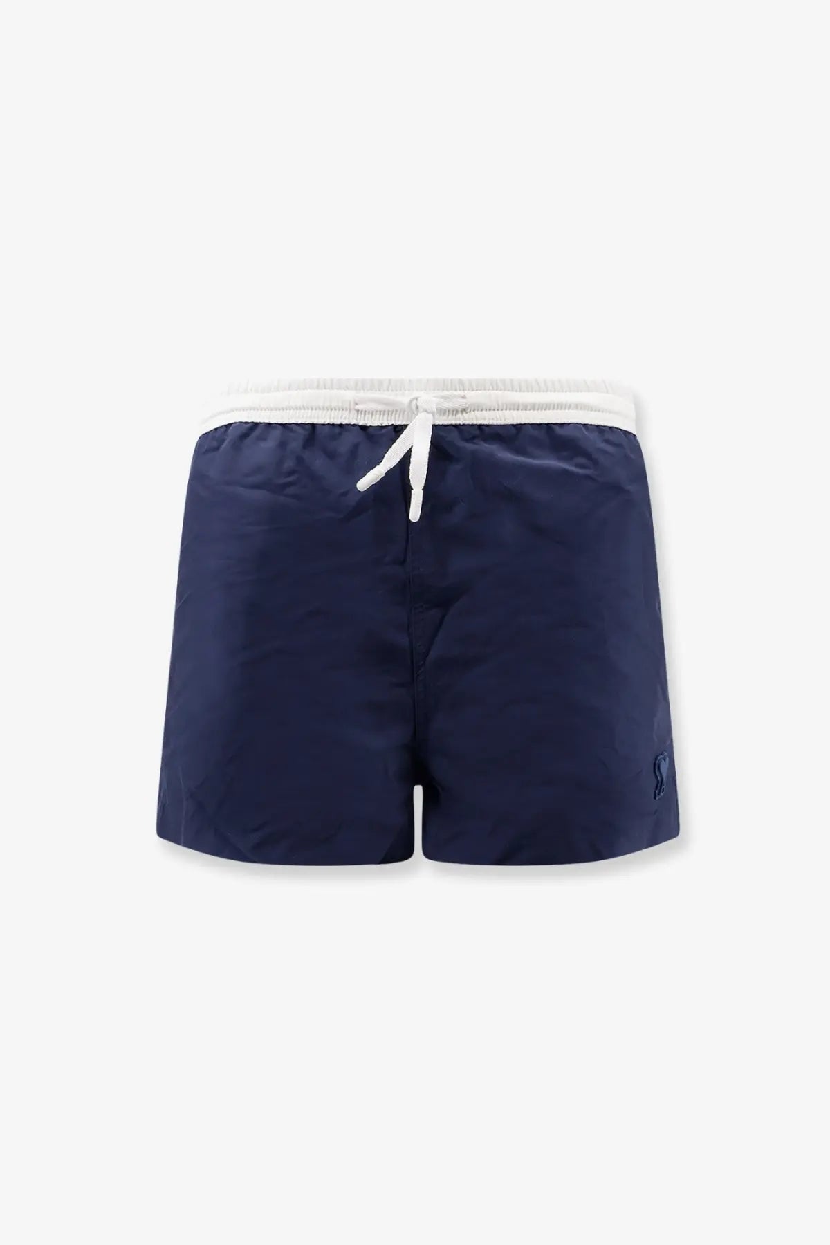 Ami Paris men’s nylon swimsuit navy blue swim trunks with white elastic waistband and embroidered logo on lower right leg