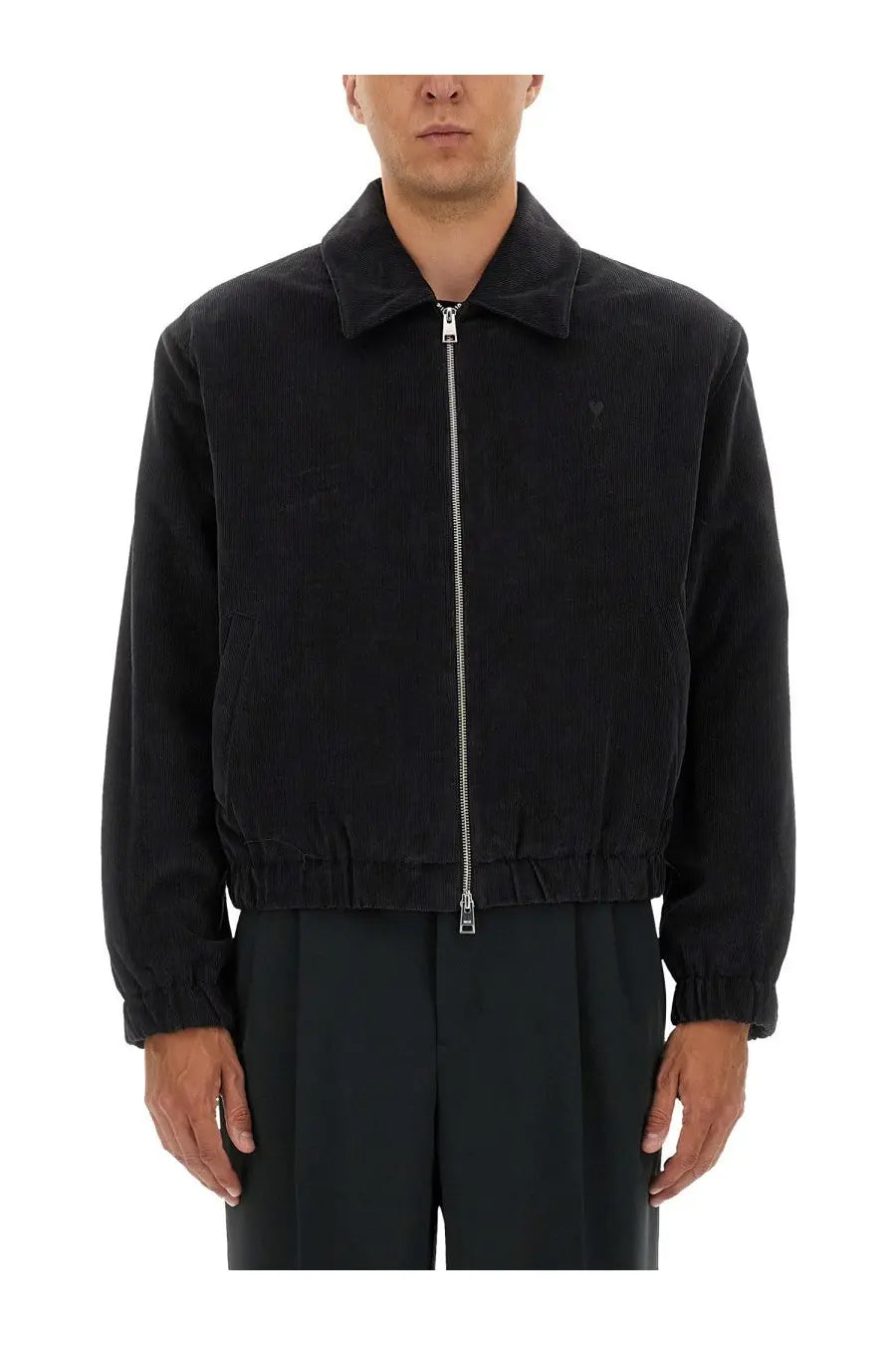 Ami paris men’s padded jacket grey with black corduroy bomber jacket detailing silver zipper and ribbed cuffs