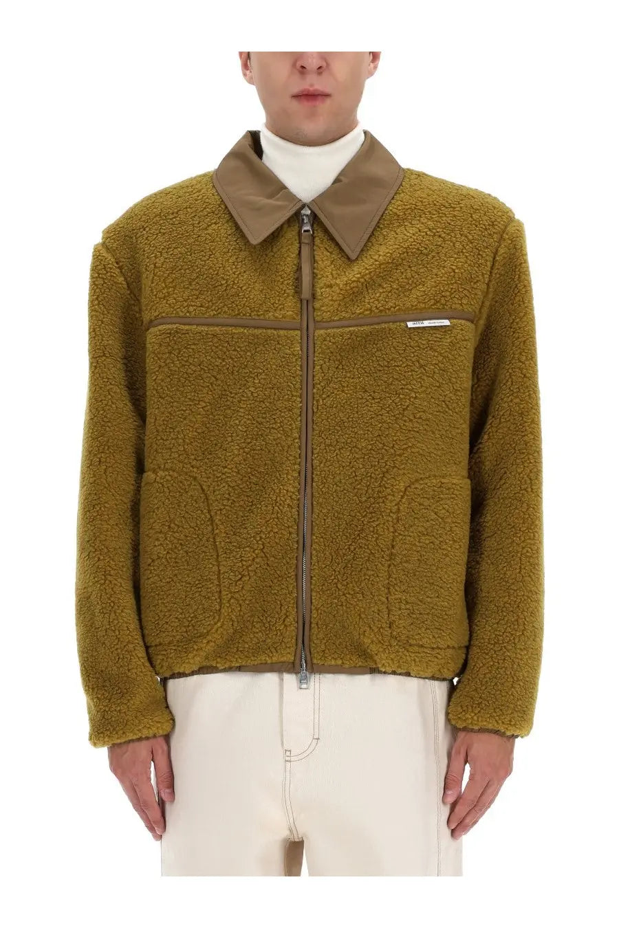 Ami Paris men’s olive green shearling jacket with contrasting tan collar and zipper trim