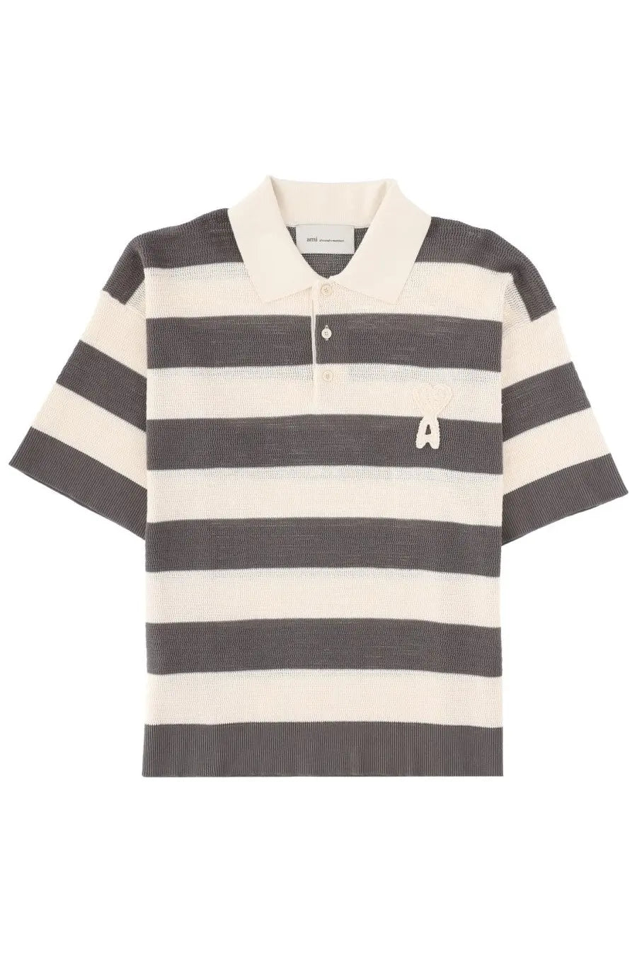 Ami paris men’s polo con patch short-sleeved shirt with dark gray and off-white horizontal stripes and embroidered logo