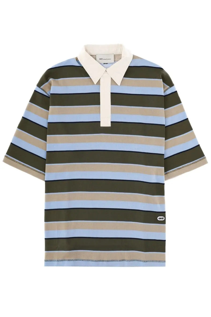 Ami Paris men’s polo short-sleeved shirt in cotton with olive green and light blue stripes and cream collar