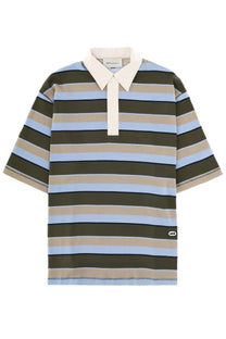 Ami Paris men’s polo short-sleeved shirt in cotton with olive green and light blue stripes and cream collar