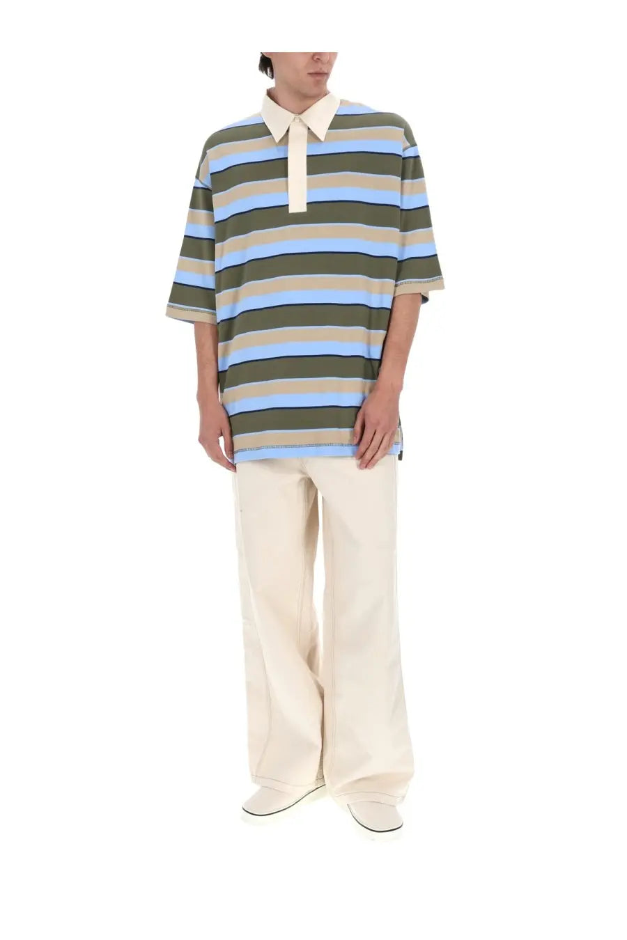 Ami paris men’s polo in cotone con blue with olive and light blue stripes and cream collar in short sleeves