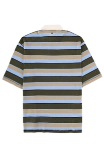 Ami Paris men’s olive and light blue striped short-sleeved polo shirt in cotone with cream collar