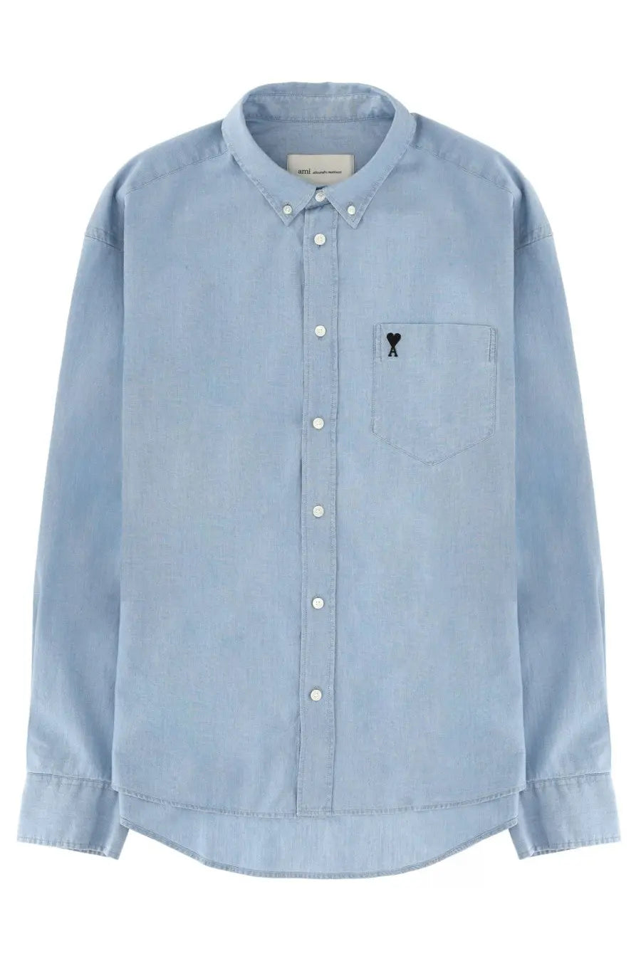 Ami Paris men’s light blue denim button-down shirt with subtle texture white buttons and black chest logo