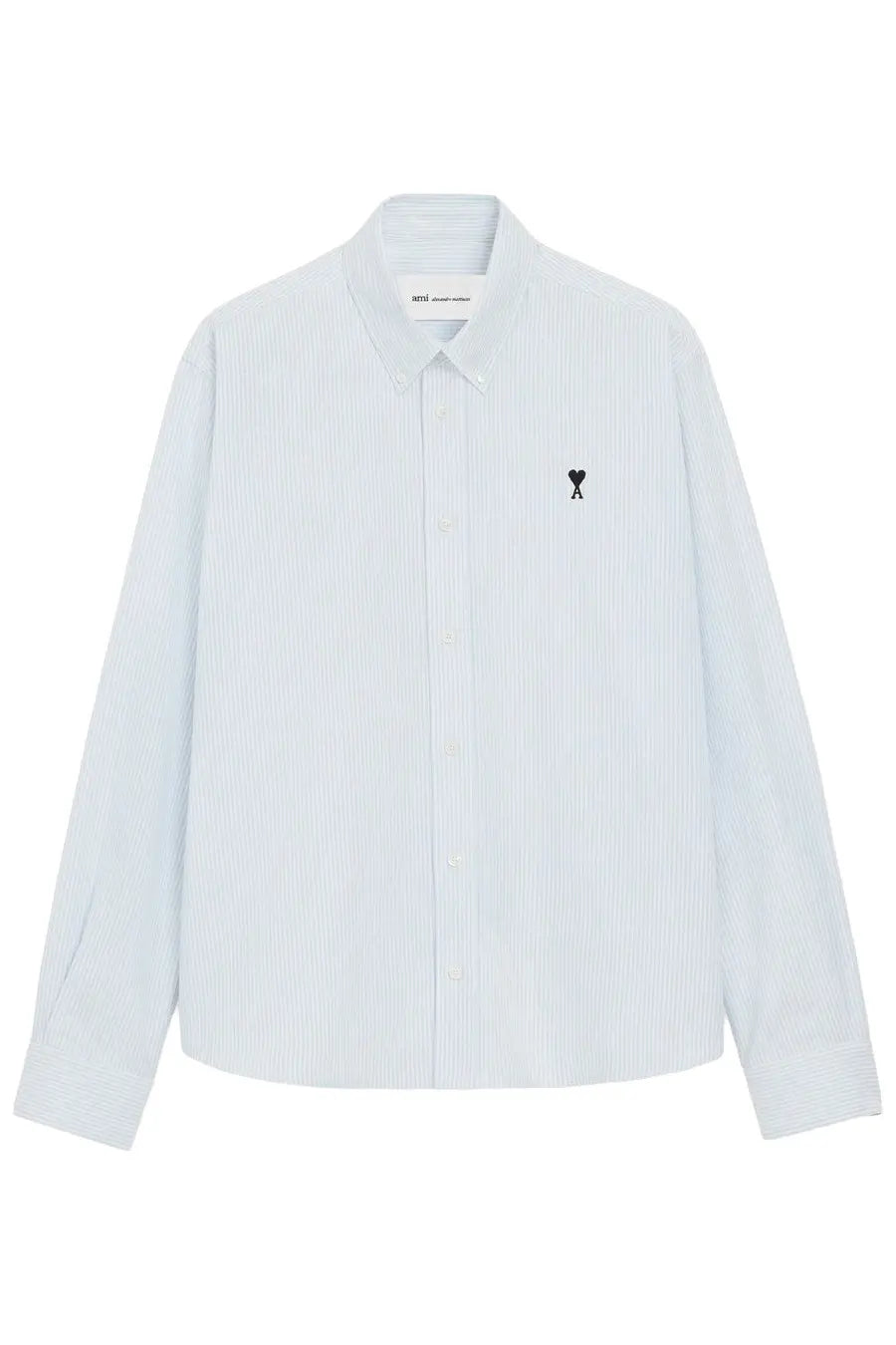 Ami Paris men’s light blue and white striped long-sleeve button-up shirt with black embroidered logo on left chest