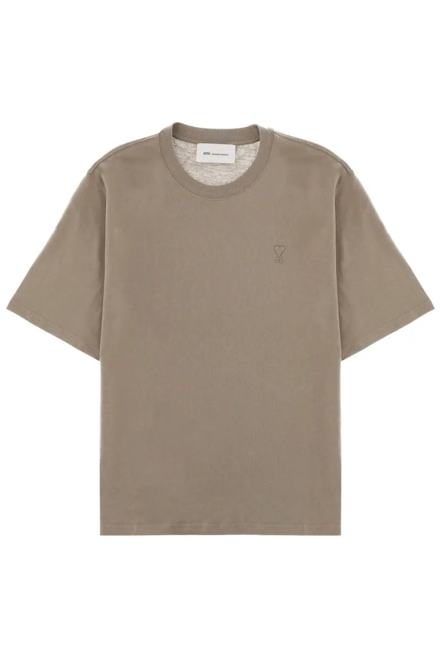 Ami Paris men’s beige short-sleeved crew neck t-shirt with subtle embroidered logo on the left chest