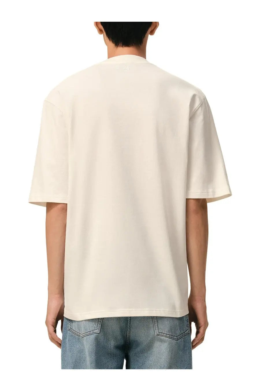 Cream-colored ami paris men’s oversized short-sleeved shirt with relaxed fit and simple crew neckline