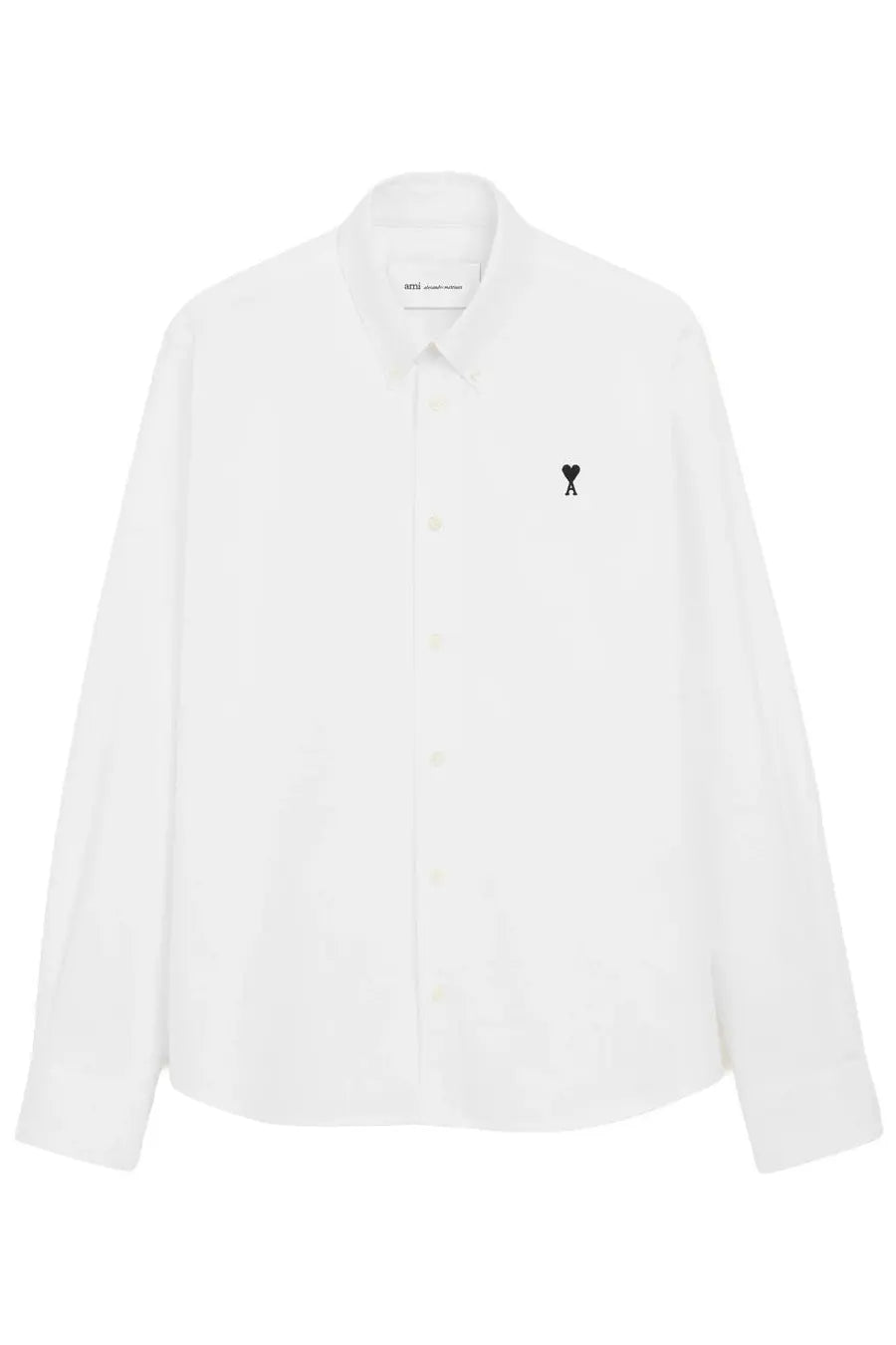 Ami Paris men’s white long-sleeved button-up shirt with small black embroidered logo on the left chest