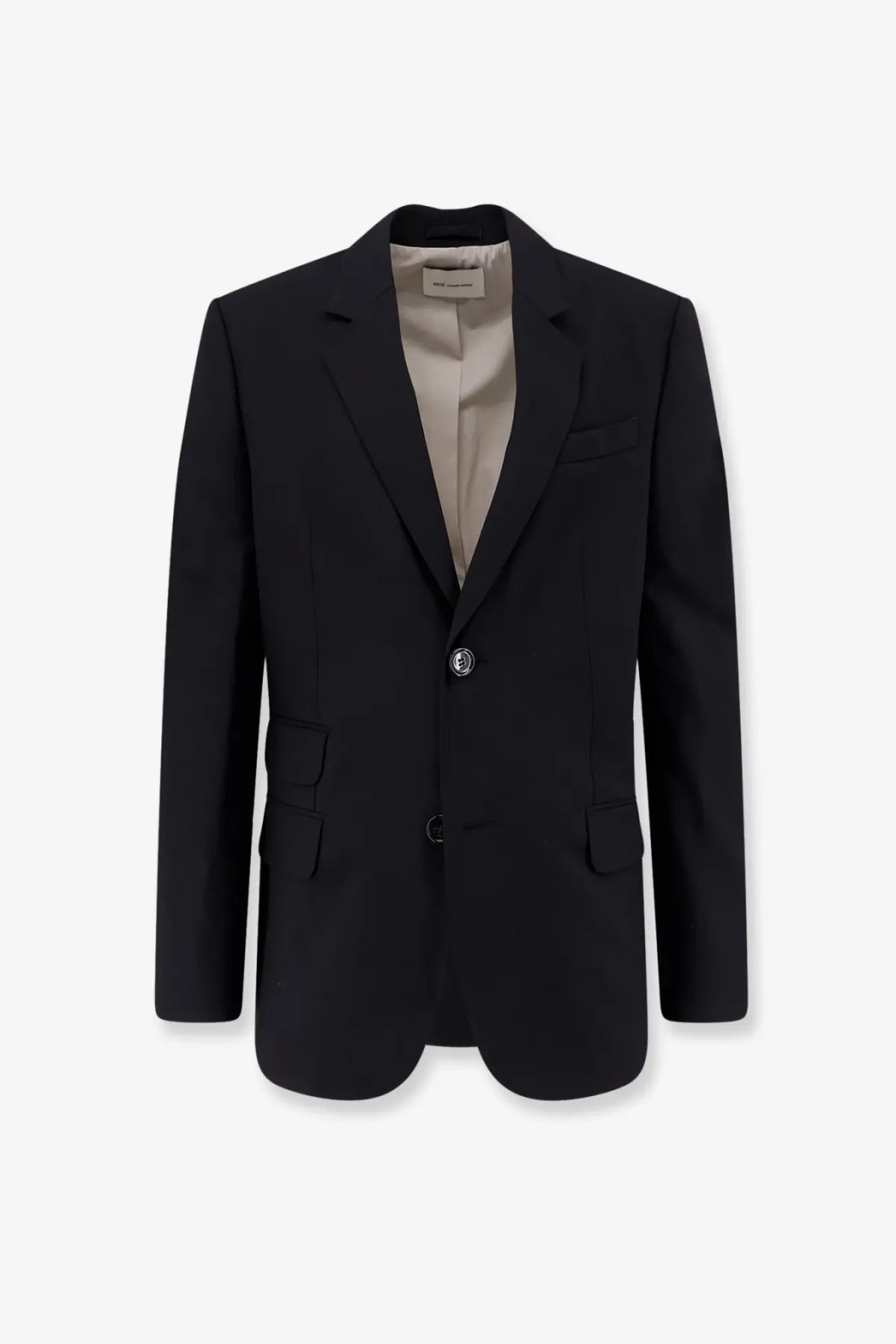 Ami Paris men’s single breasted black virgin wool blazer with subtle sheen two front buttons and flap pockets