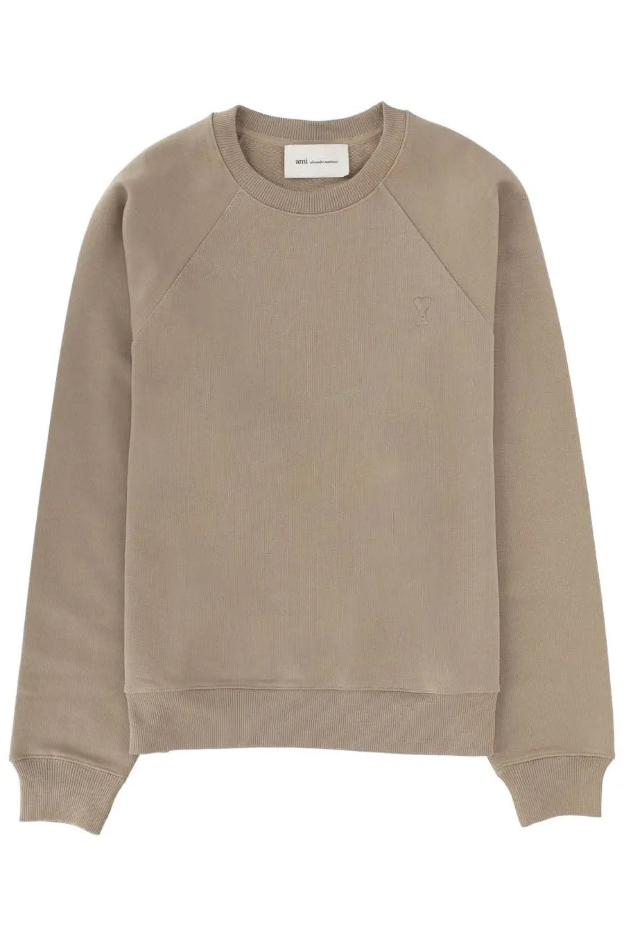 Beige ribbed knit crewneck sweatshirt with subtle embroidered logo on left chest by Ami Paris men’s sweatshirt