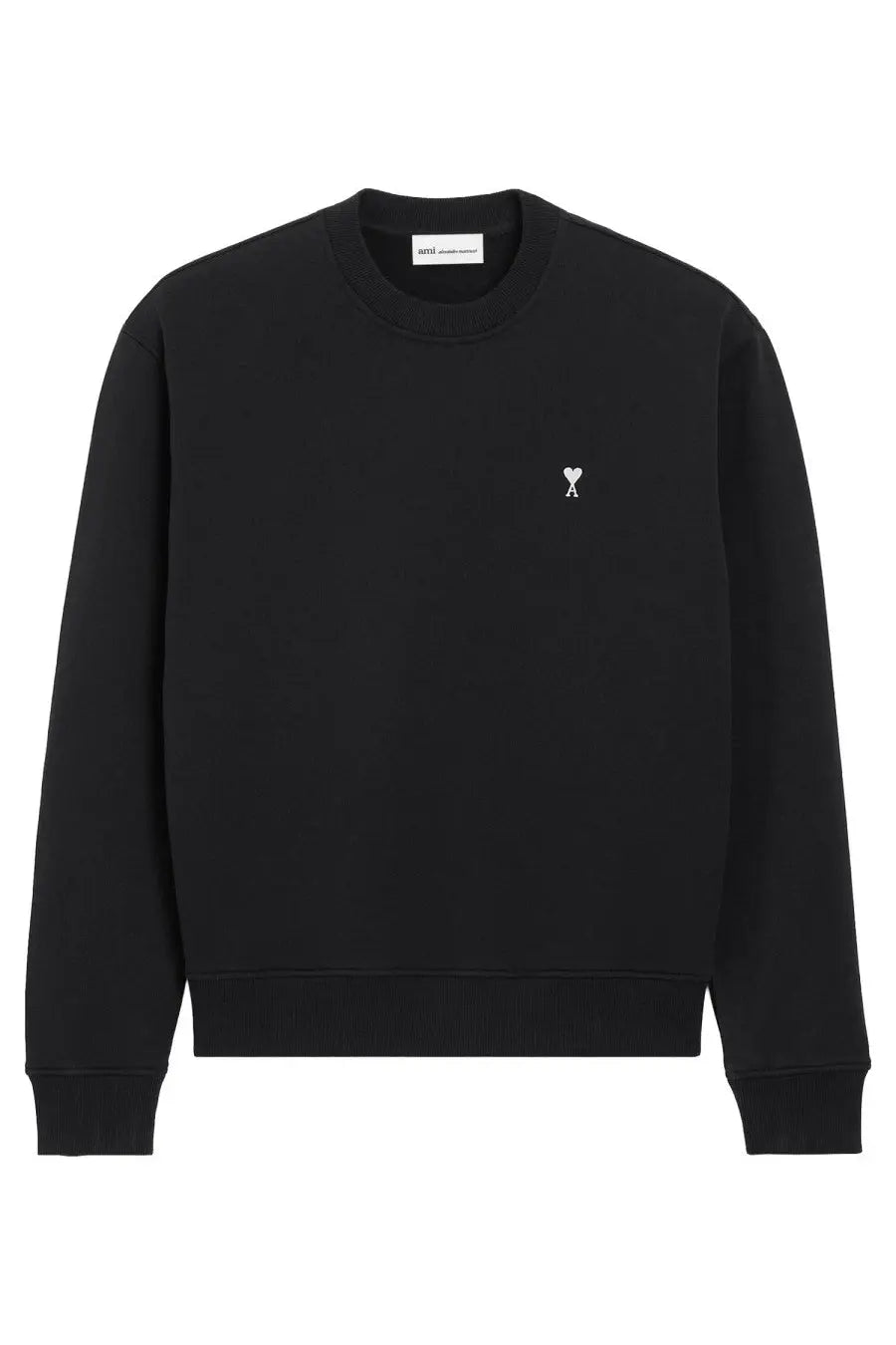 Ami Paris men’s black crewneck sweatshirt with a small white embroidered logo on the left chest