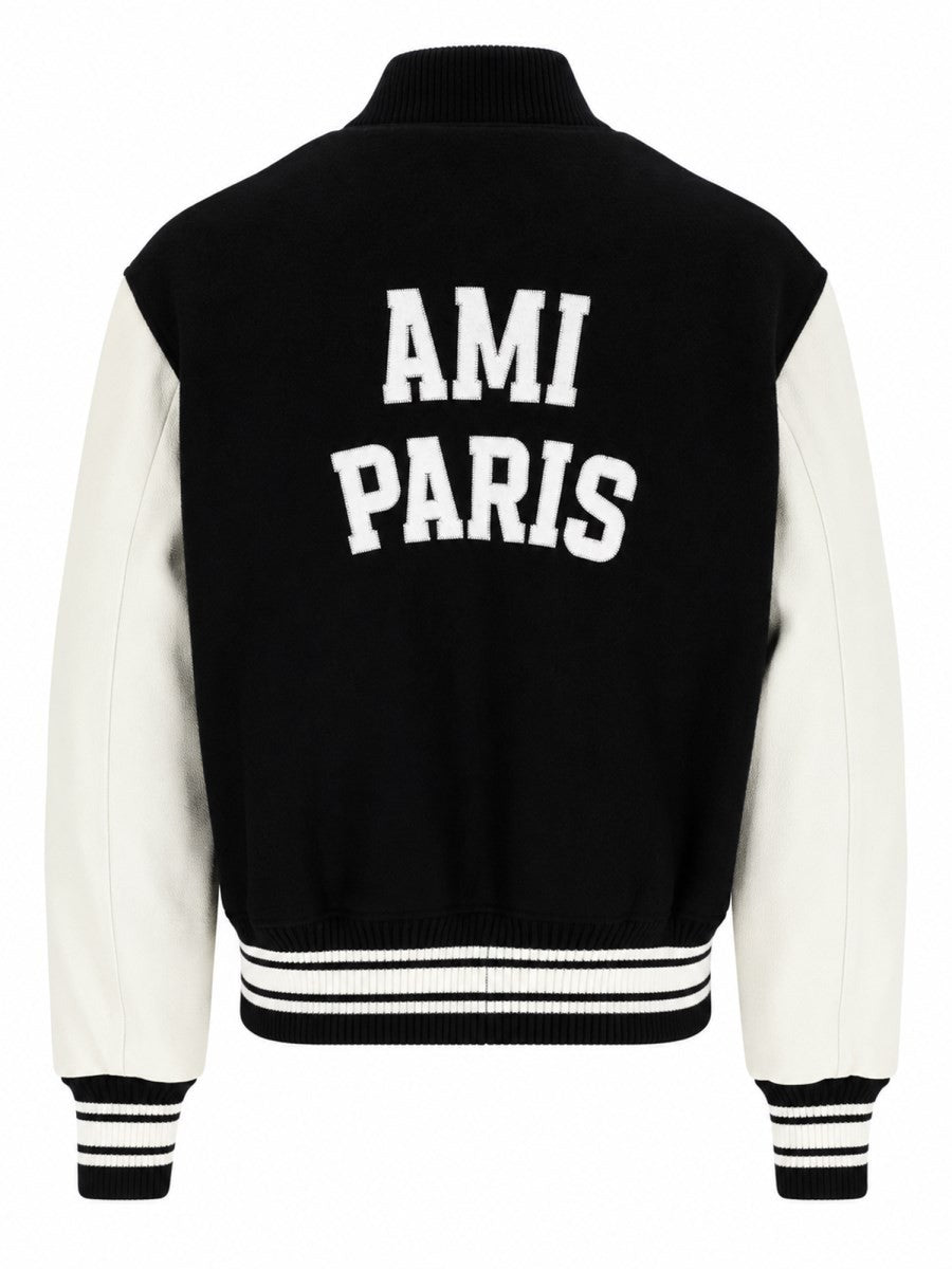 Ami Paris Men's Teddy Padded Jacket with Sleeves in Leather Black, view 2