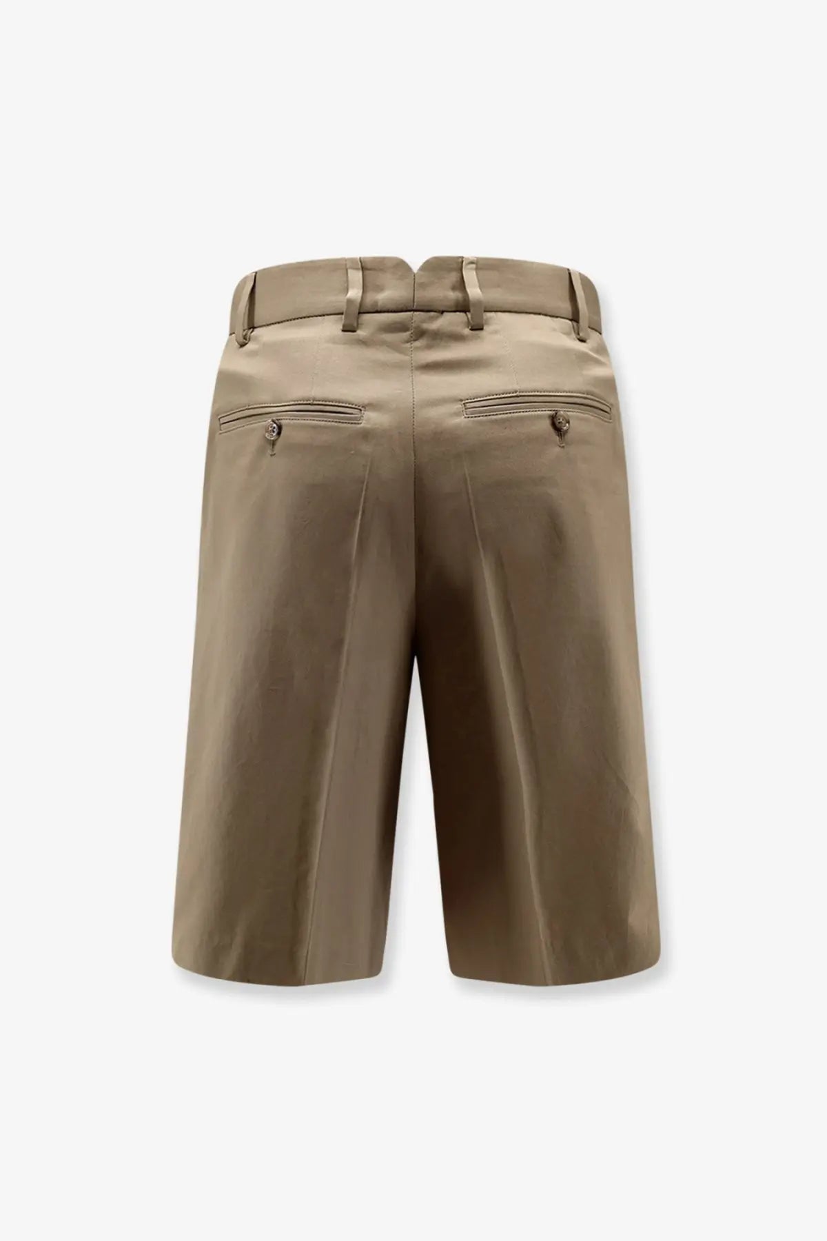 Back view of ami paris men’s beige virgin wool tailored shorts with belt and buttoned back pockets