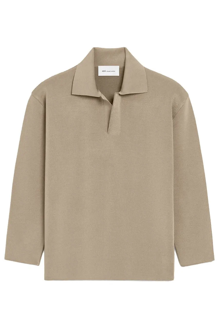 Beige ami paris men’s wool blend long-sleeved polo shirt with classic collar and subtle texture