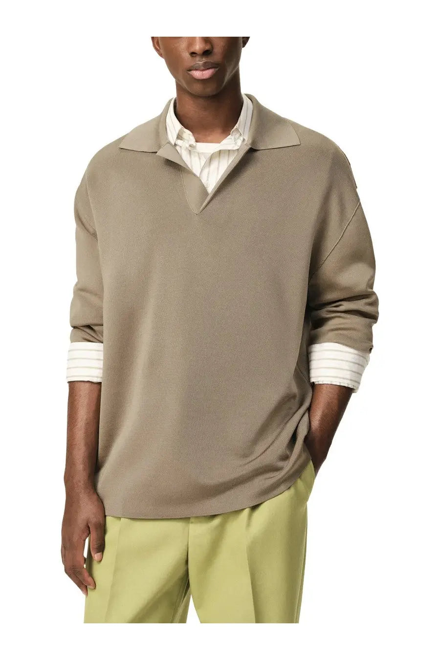 Beige textured knit polo shirt with ribbed cuffs and collar made from wool blend by Ami Paris for men