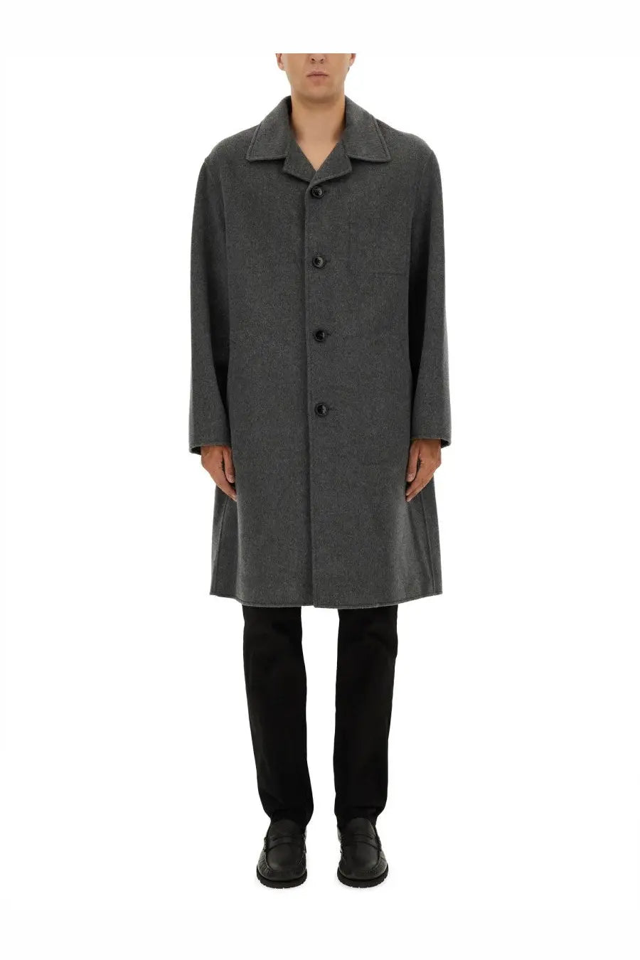 Ami Paris men’s wool and cashmere blend charcoal gray overcoat with classic collar and black buttons