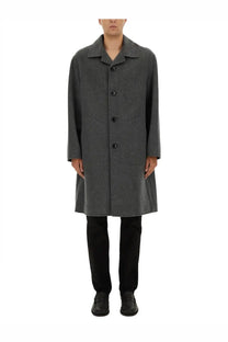 Ami Paris men’s wool and cashmere blend charcoal gray overcoat with classic collar and black buttons