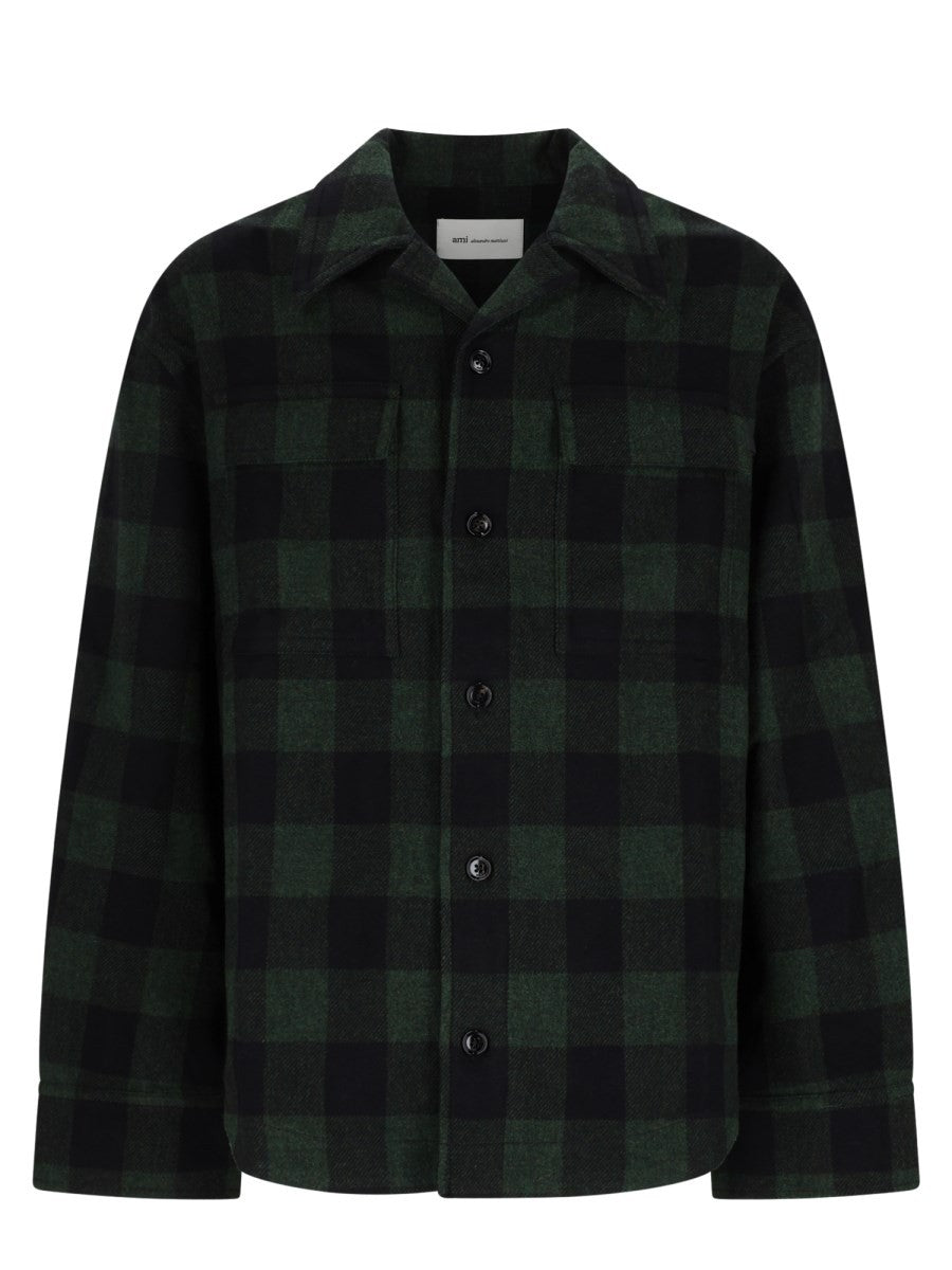 Ami Paris Men's Wool Checked Overshirt Green