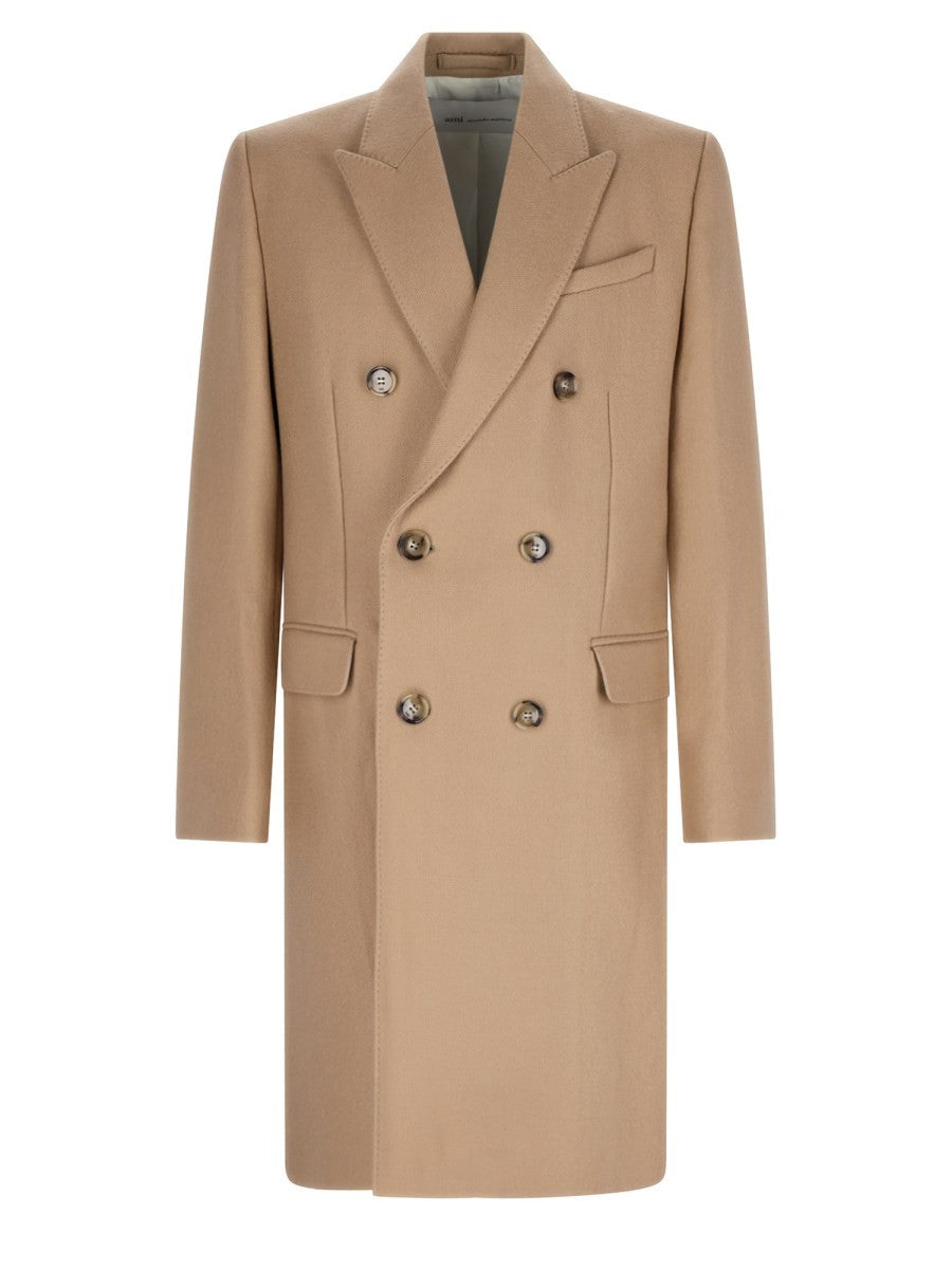 Ami Paris Men's Wool Double-Breasted Coat Beige