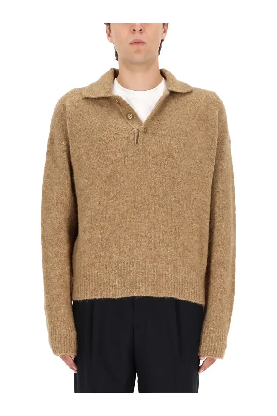 Ami Paris men’s wool polo brown camel-colored knit sweater with soft textured fabric and classic collar