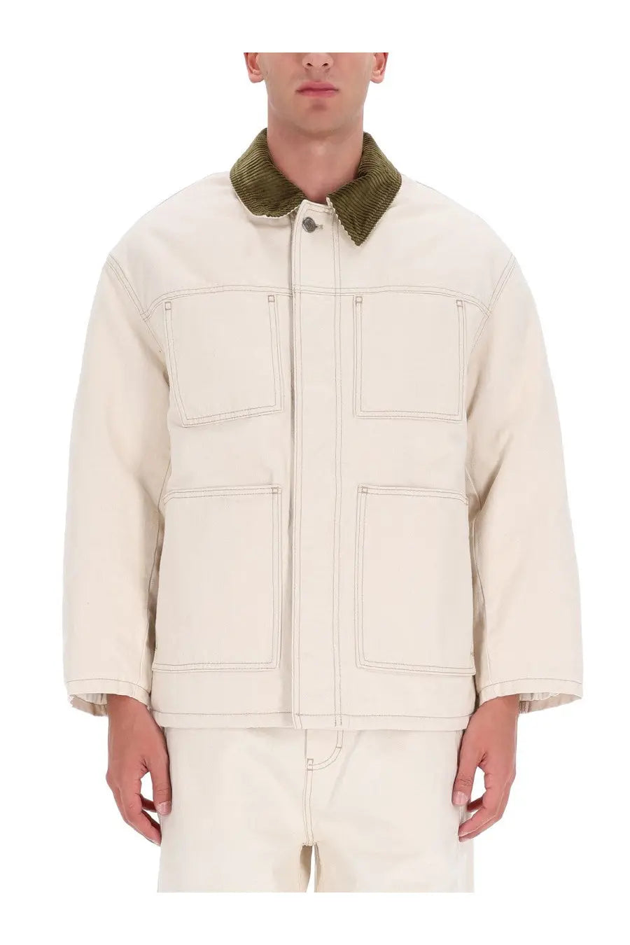 Ami Paris men’s worker jacket beige cream canvas with olive green corduroy collar and four large patch pockets