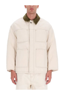 Ami Paris men’s worker jacket beige cream canvas with olive green corduroy collar and four large patch pockets