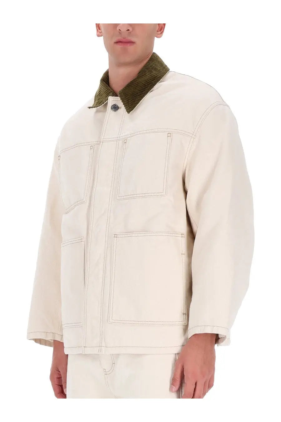 Ami Paris men’s worker jacket beige cream-colored canvas with olive green corduroy collar and visible stitching details