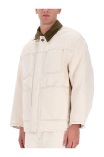 Ami Paris men’s worker jacket beige cream-colored canvas with olive green corduroy collar and visible stitching details
