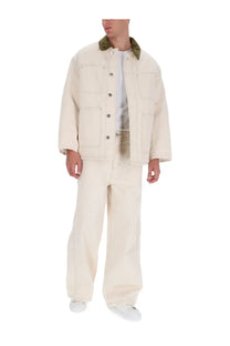 Ami Paris men’s worker jacket beige cream canvas with olive green shearling collar and button closures