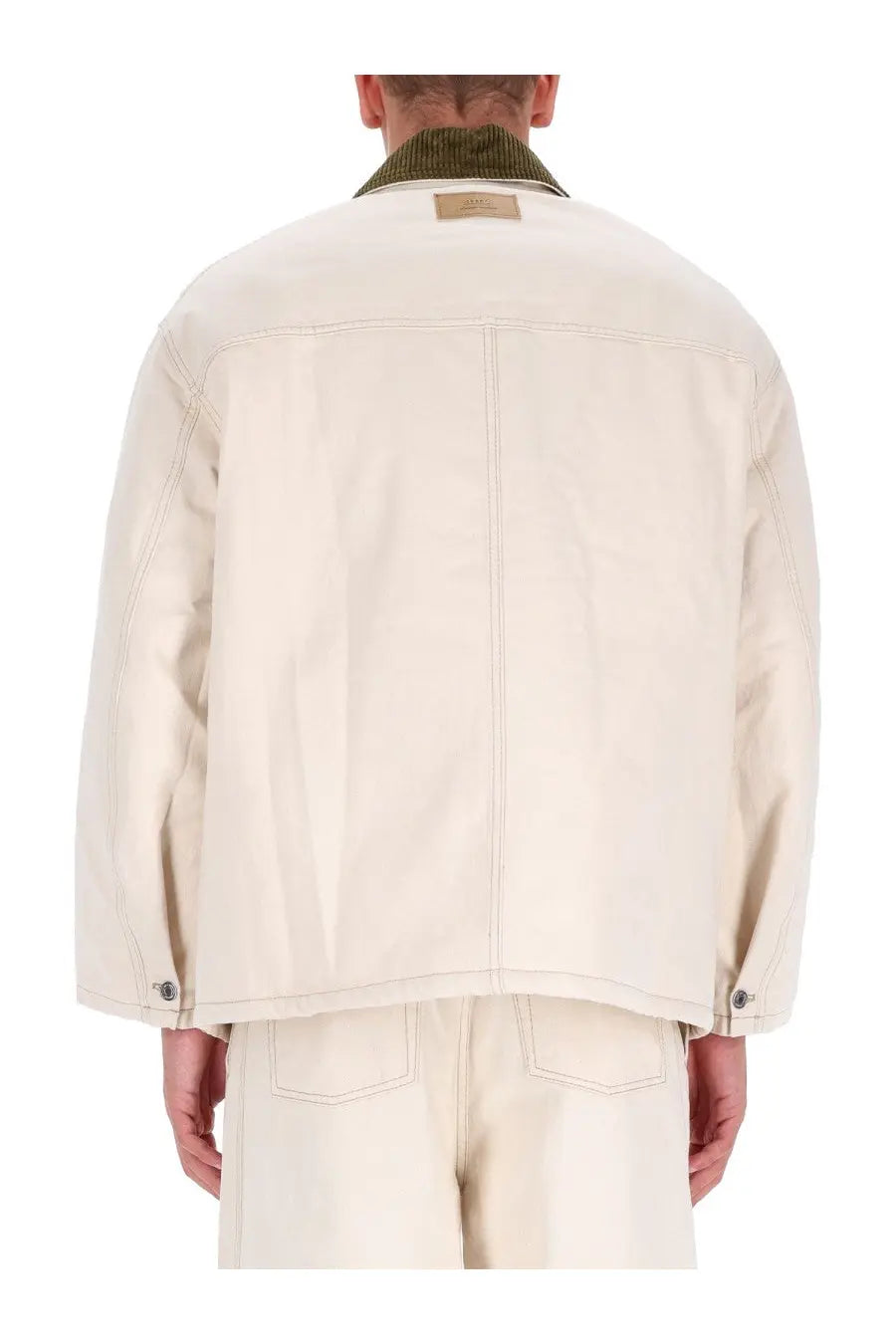 Ami Paris men’s worker jacket in beige denim with contrasting olive green corduroy collar and subtle stitching details