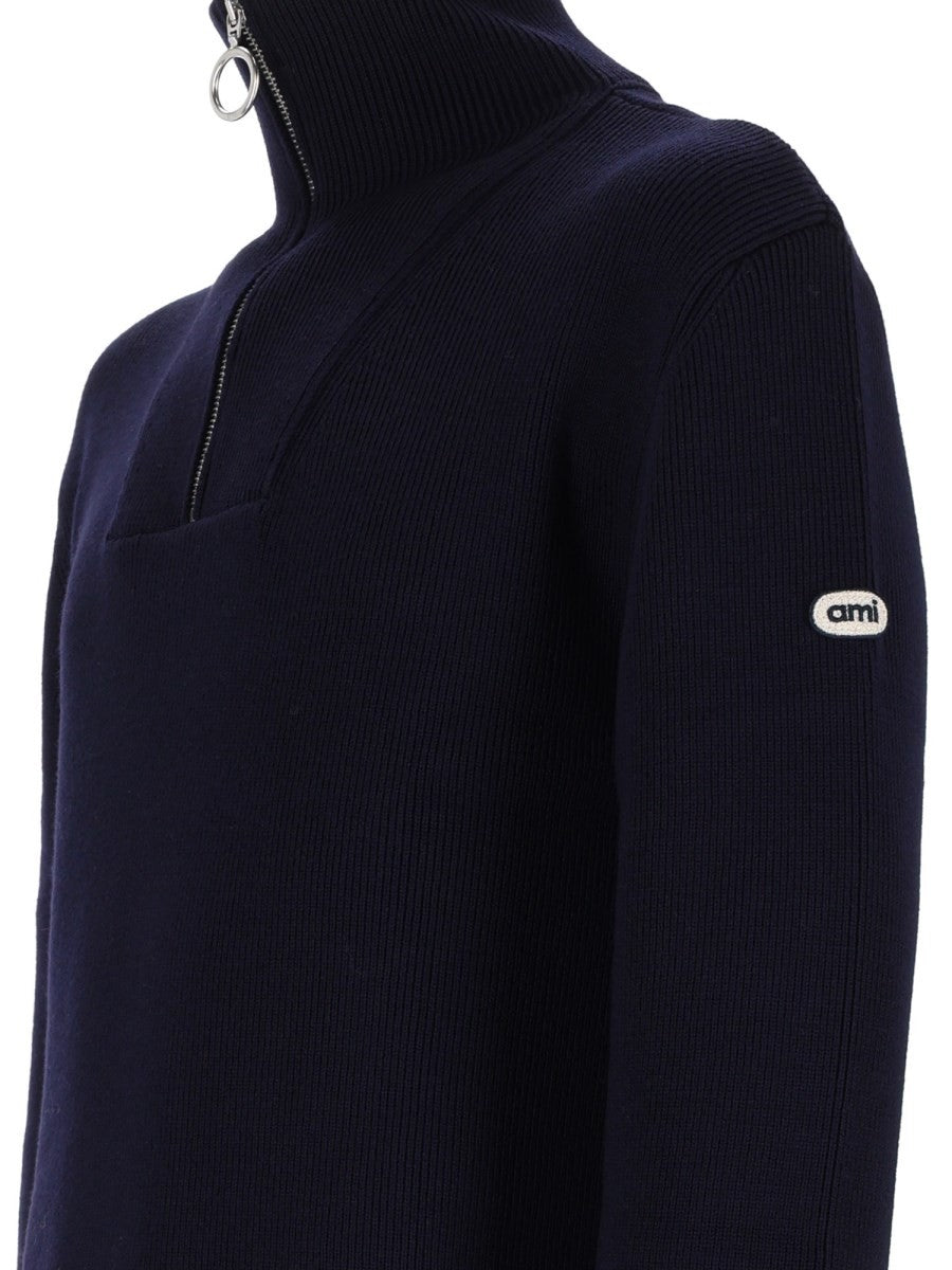 Ami Paris Men's Zip Wool Ribbed Sweater Blue, view 3